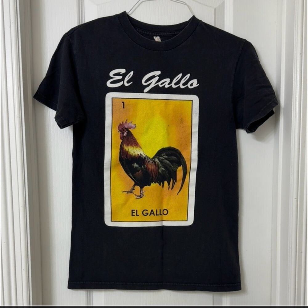 El Gallo Mexican Loteria  Black T-Shirt 100% Cotton Short Sleeve Tee Size S